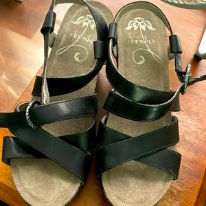 Dansko Womens US 7-7.5 EU37 Leather Sandals Black Wedge Open Toe Slingback